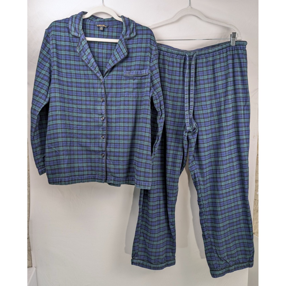 Brooks Brothers Womens Plaid Flannel Pajama Set Size XL Blue Green 100% Cotton - Picture 2 of 9